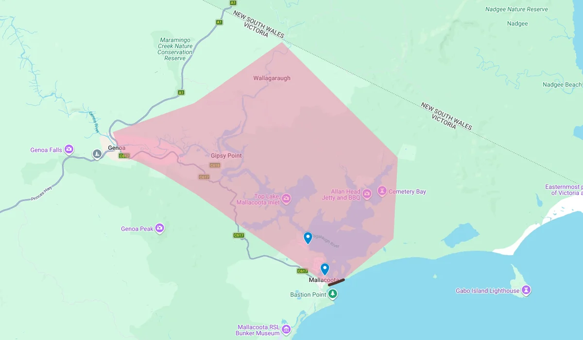 The organisers' map of the comp boundary: a shaded area over the Mallacoota estuary and the rivers that join it, from Genoa and above Wallagaraugh down to Mallacoota, ending in a line just inside the sea entrance. The New South Wales border runs along the top.